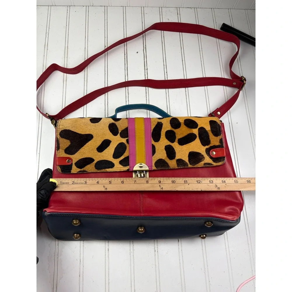 Soruka Oreleans Vintage Y2K Red Leather Leopard Print Crossbody Satchel Bag $170